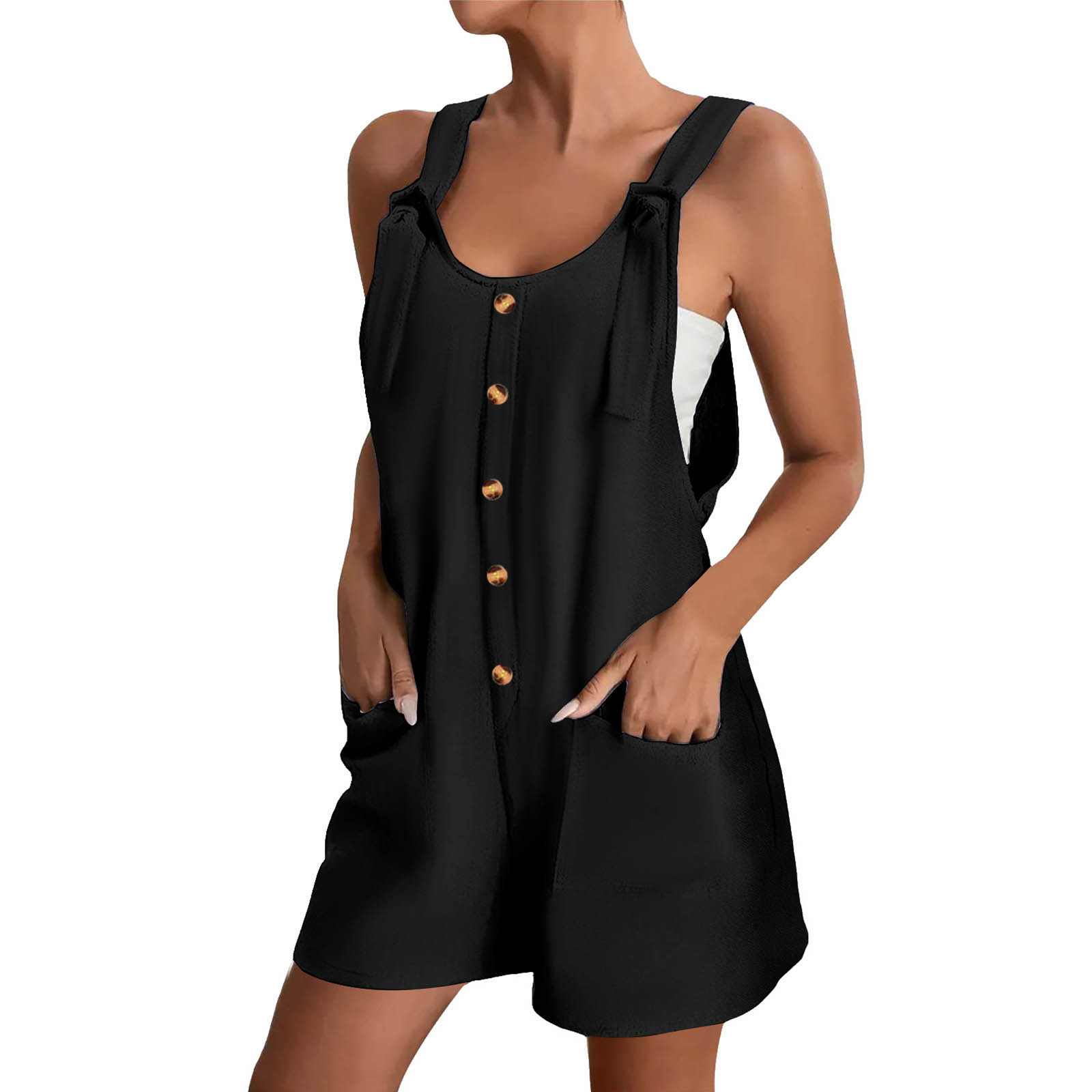 thumbnail image 2 of Mono corto de verano informal con botones para mujer - Poliéster, sin mangas, pantalón corto ancho - S-XXL, 2 of 5